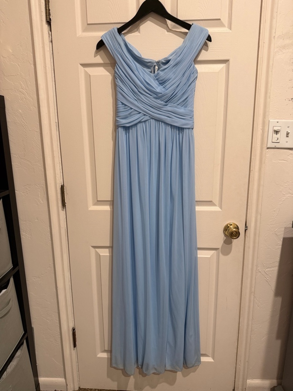 NWTs David’s Bridal Ice Blue Chiffon Maxi Dress with Draped Off-Shoulder Bodice